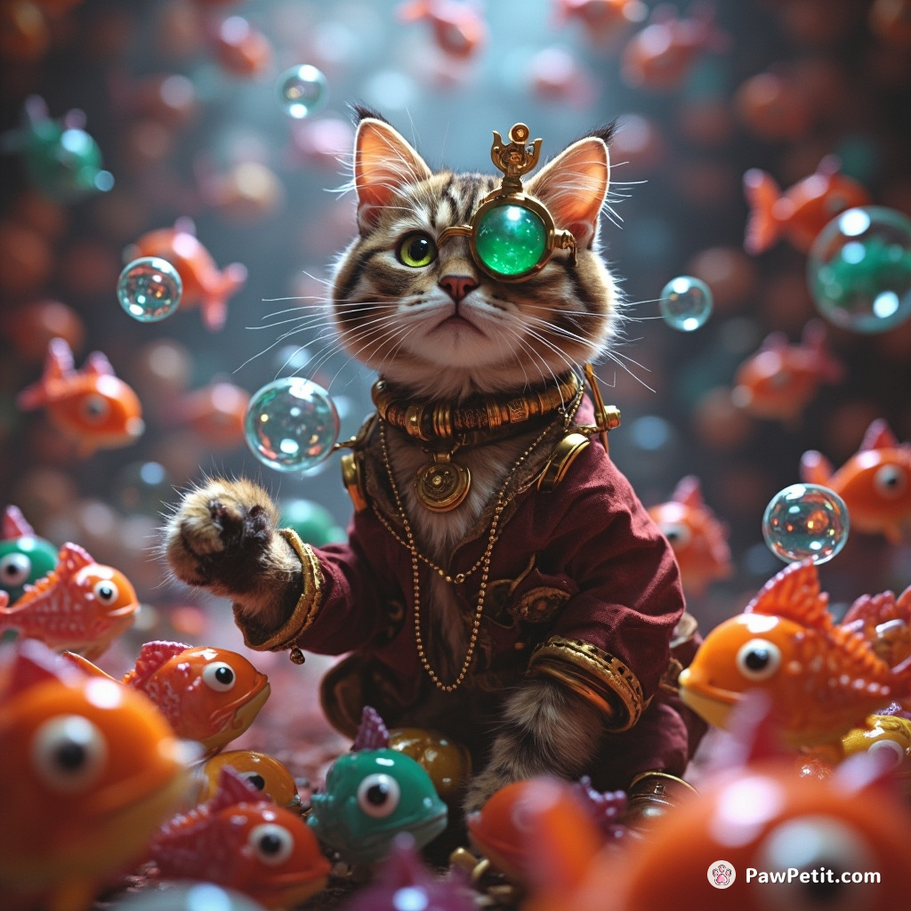 Steampunk cat mind controlling a fish army using cosmic bubbles with its jade wisdom monocle in labyrinth of neon-colored shells.