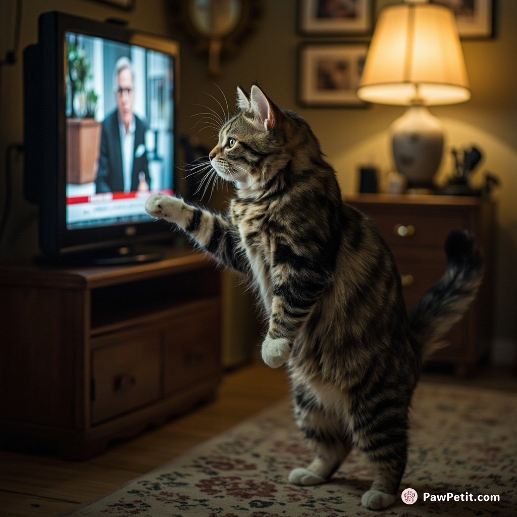 The cat persistently stands on its hind legs, attempting complex human behaviors like watching news on TV intently.