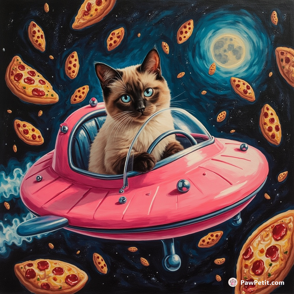 Siamese cat piloting a neon-pink spaceship through an asteroid shower of floating fish-shaped pizzas.
