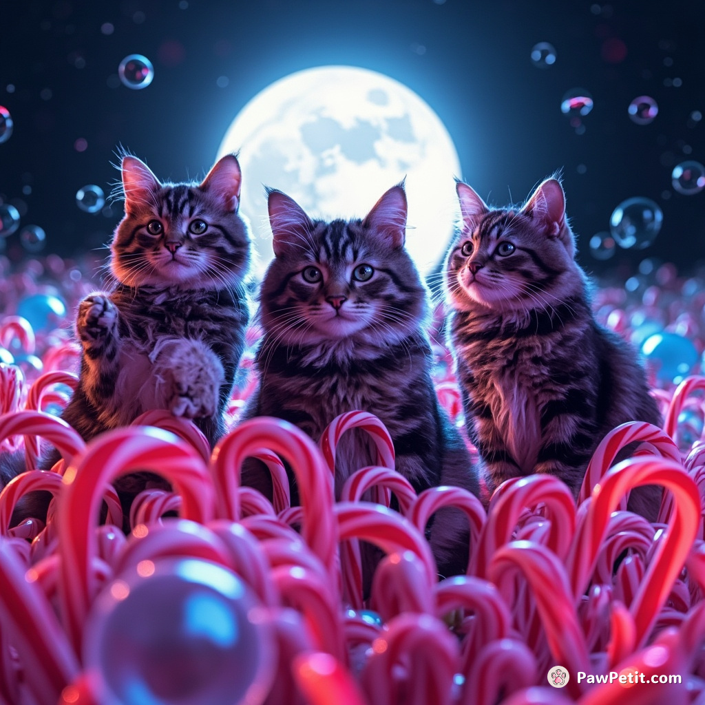 A clan of cats having a moonlit salsa party atop multi-color soap bubbles floating over a candy cane forest.