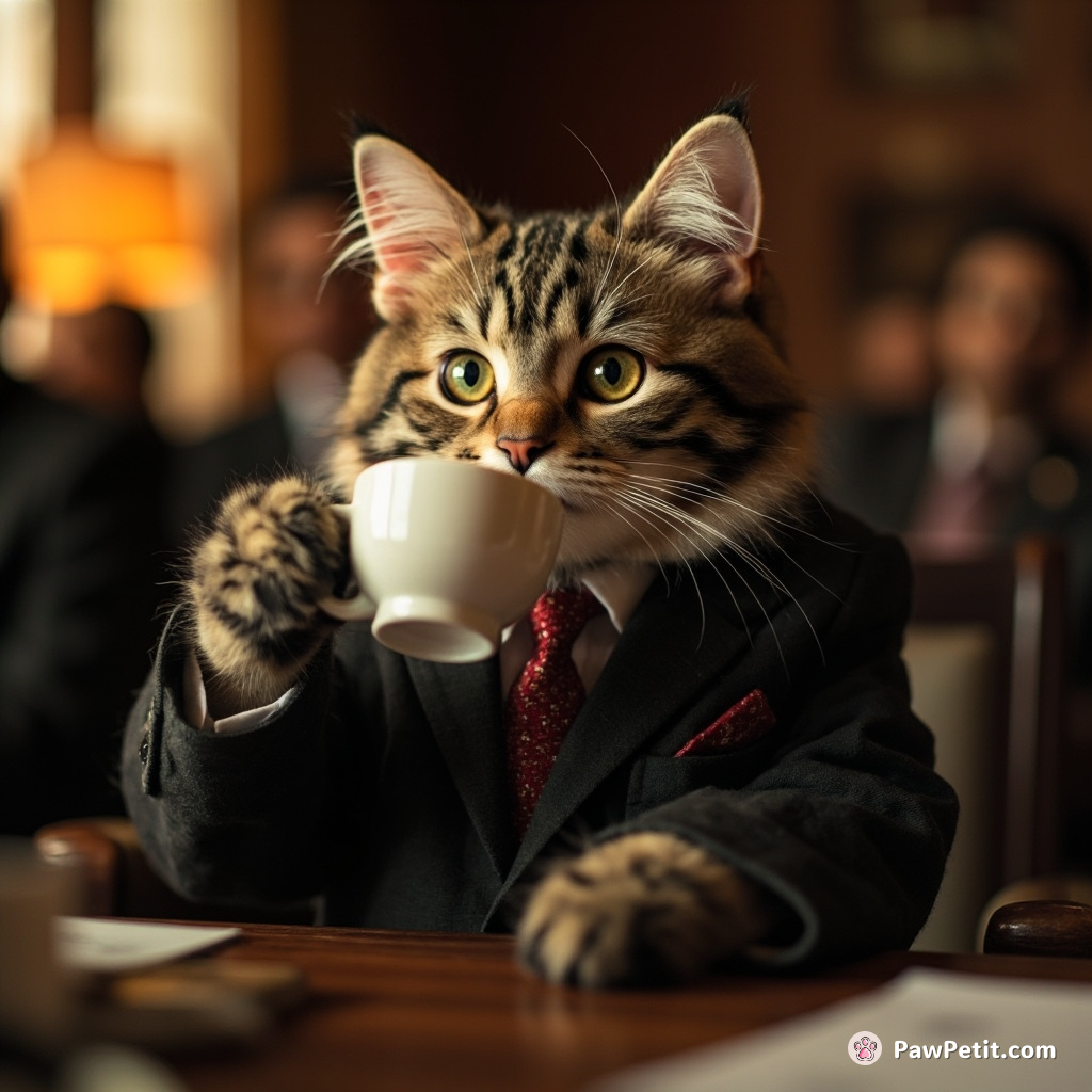 The cat, donning a tiny suit, diligently practices sipping coffee with a pinky raised, mimicking humans at a board meeting.