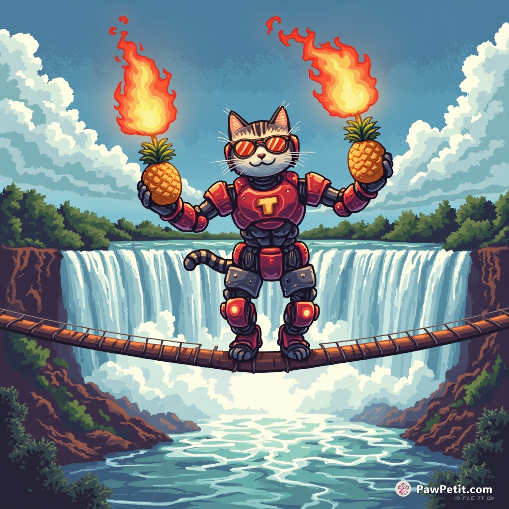 Cyborg cat juggling flaming pineapples on a tightrope above Niagara Falls