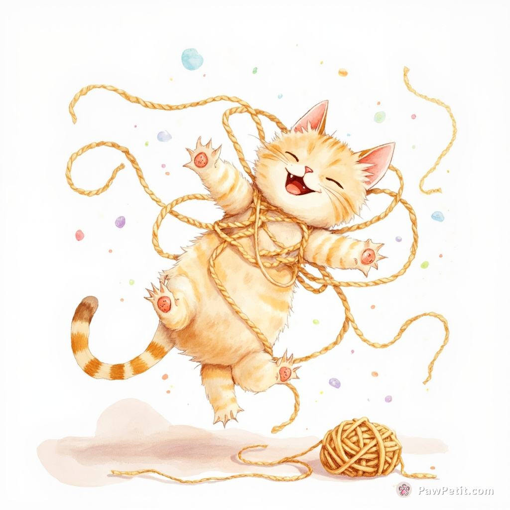 Cat frantically spins and leaps, claws extended, trying to escape the tangled yarn.