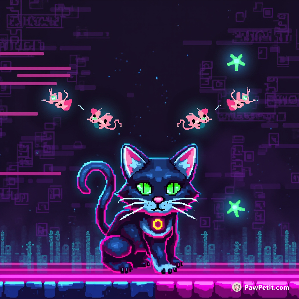 In Cybermeow, a pixelated tabby swipes away digital mice by flipping zeros into 1s with her vibrant eight-bit tail.