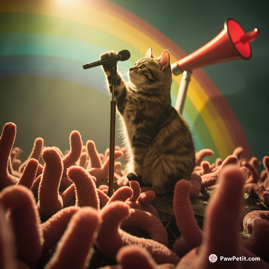 A cat performing a rock concert for an audience of velvet worms atop a megaphone-shaped rainbow.