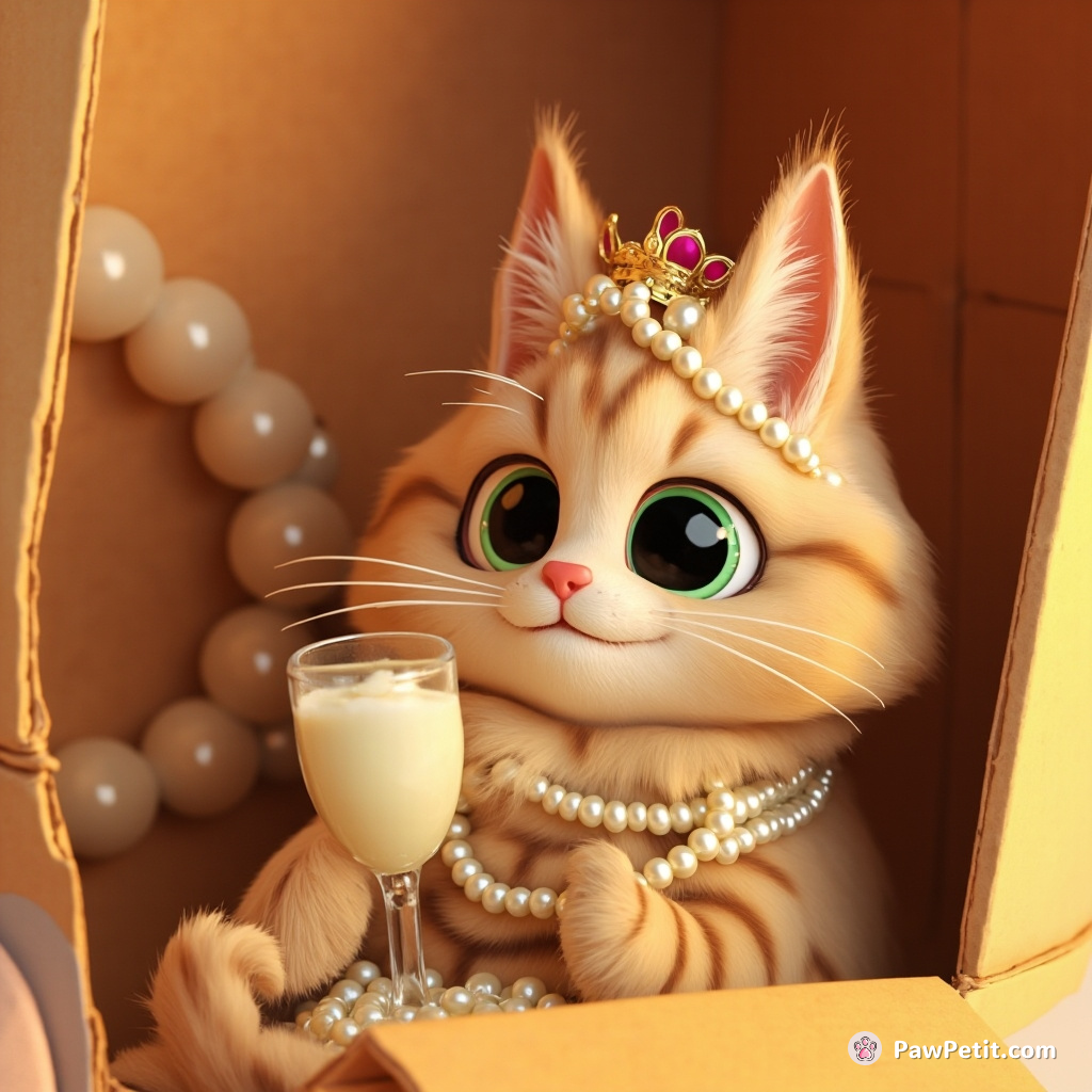 A fluffy tabby wearing pearls, sipped milk-filled champagne flutes in her lavish cardboard box mansion, forever refining her 'meow-nning' ritual.