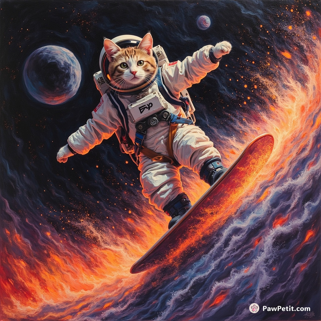 Cat surfing on a neon lava wave among black holes, wearing an astronaut suit.