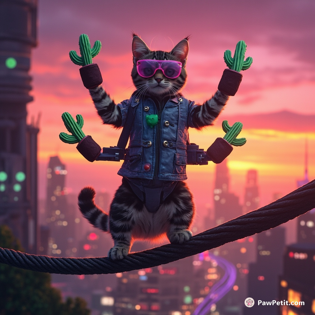 A tabby cat juggling emerald cacti on a tightrope above an alien cityscape at sunset.