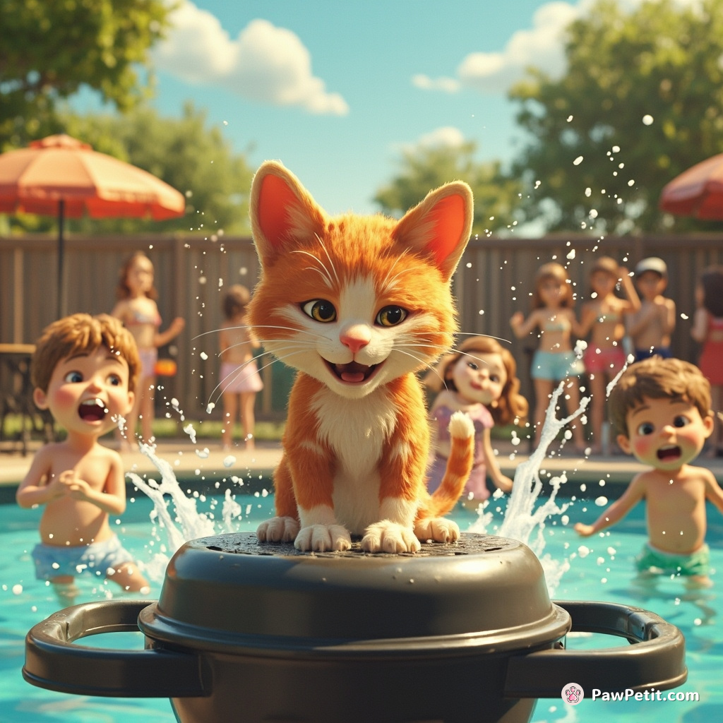 Cat, standing upright, clambers onto the grill, fur sizzling, while kids splash water shocked from a chaotic backyard pool party.