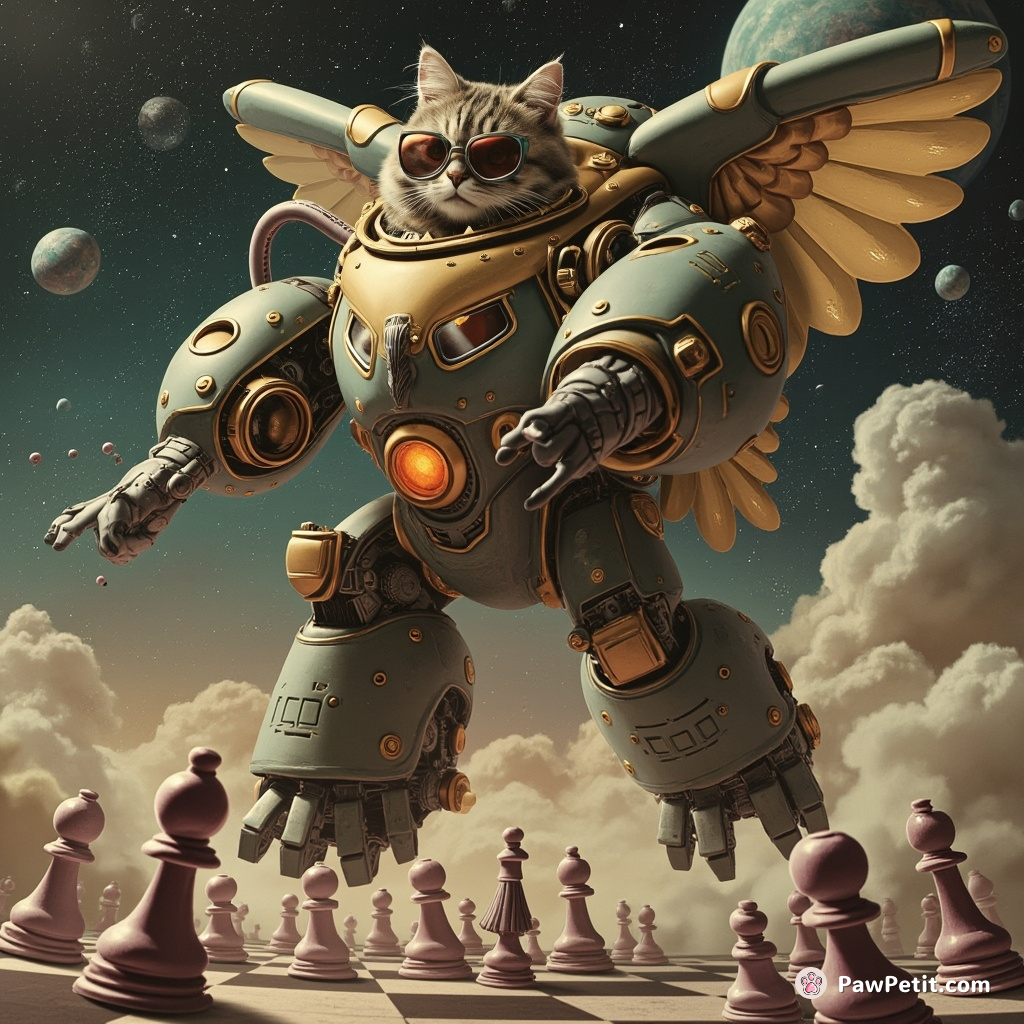 A steampunk cat piloting a giant mech suit shaped like an owl, battling against chess piece aliens in a zero-gravity cosmos.