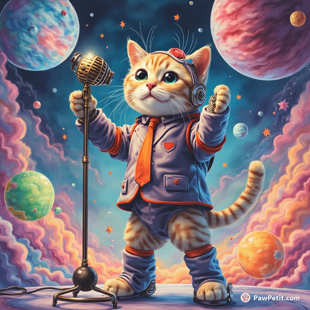 Cybernetic cat performing stand-up comedy on a psychedelic space station.