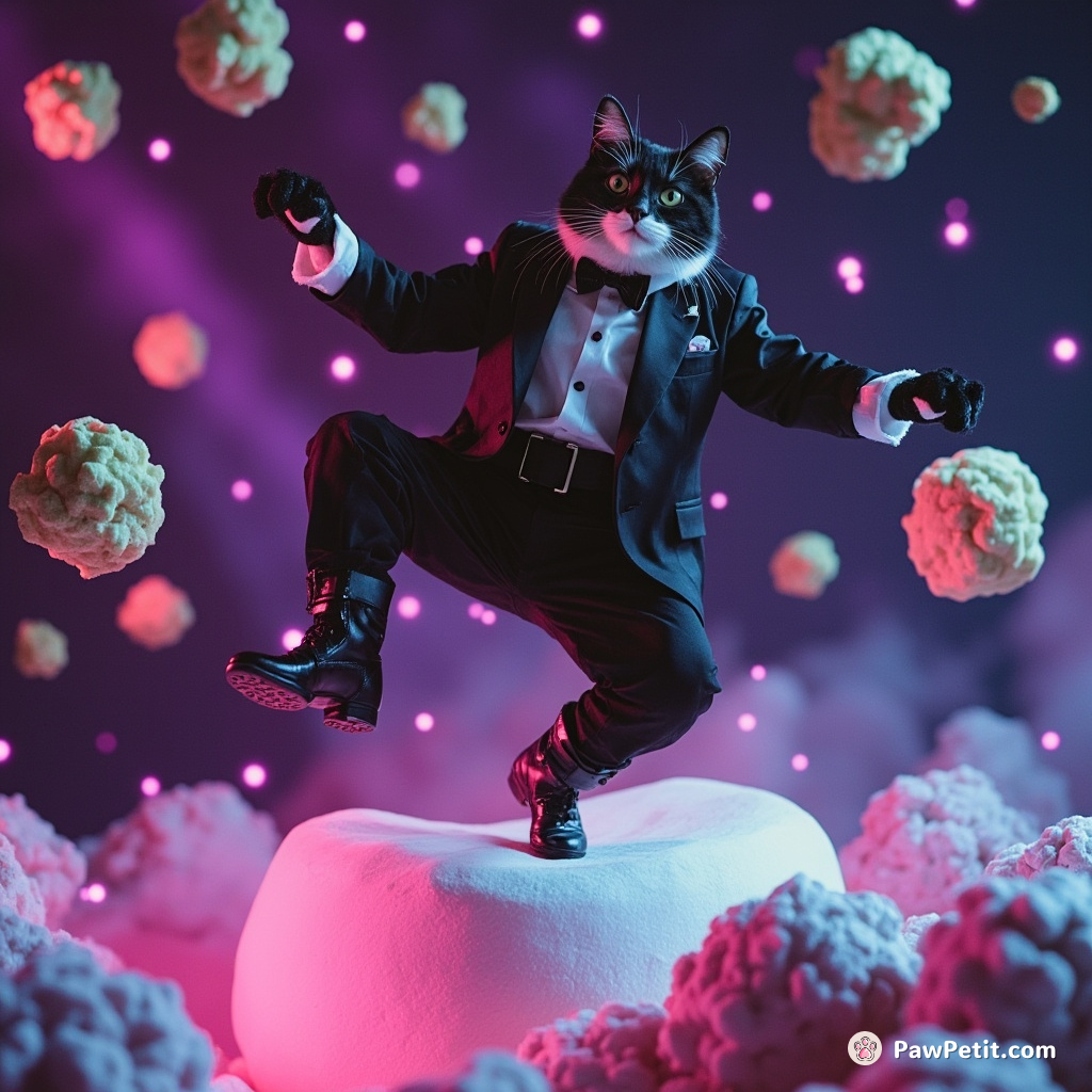 A tuxedo cat tap-dancing on a giant marshmallow in zero gravity as technicolor asteroids twinkle and cavort around them.