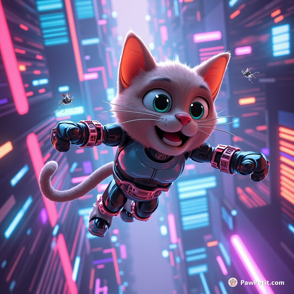 A leonine cyborg-cat glides through streams of neon-light mile-high skyscrapers after holographic mice in a sprawling future mega-city.