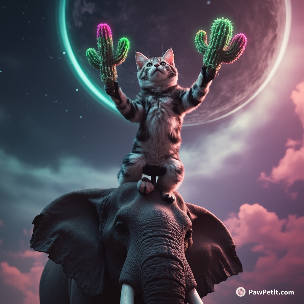 Cat juggling neon cacti on a unicycle while balancing atop an elephant's head in zero gravity.