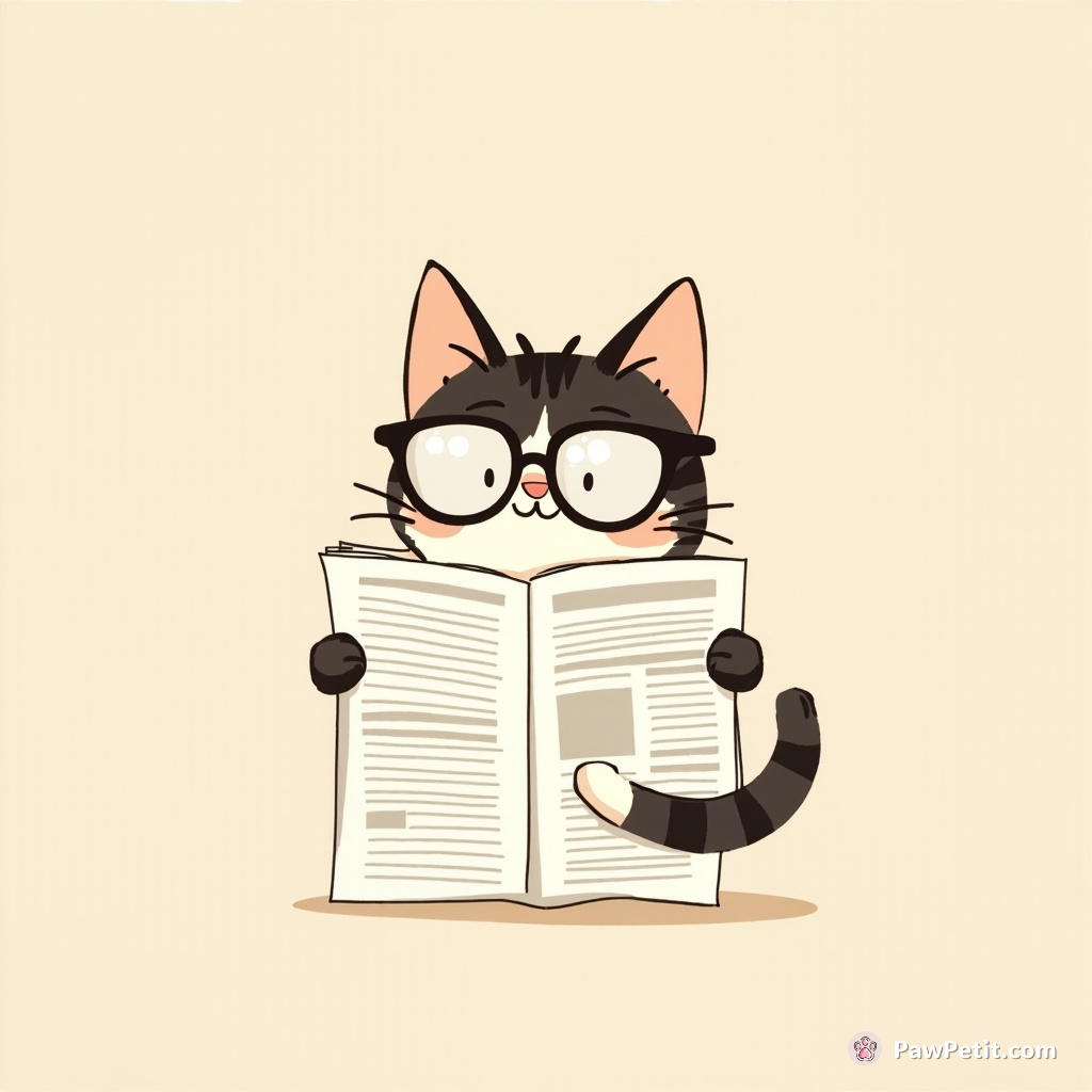 Whiskers dons spectacles, paws clumsily flipping a newspaper, trying to imitate "reading" like his human counterparts.