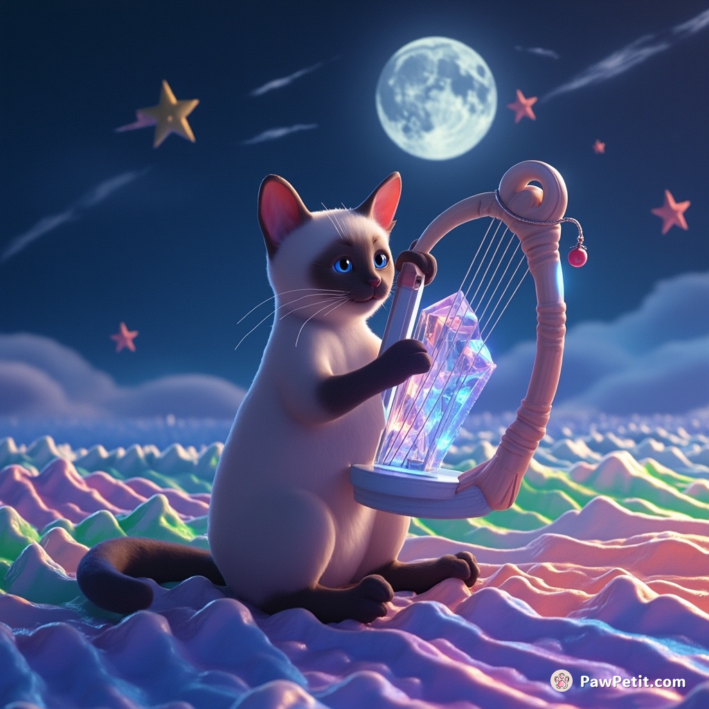 A Siamese cat playing a crystal harp with shooting stars on the reflection of moon's surface-visible rainbow sea wave.