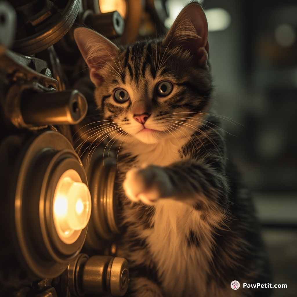Cat deftly bats at glowing levers, purring as machinery hums in chaotic harmony.