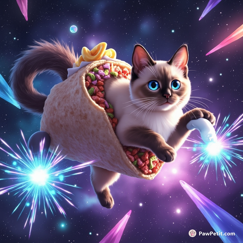 A Siamese cat riding a unicorn burrito through a jewel-studded galaxy, firing rays of prismatic light from neon glowing paws.