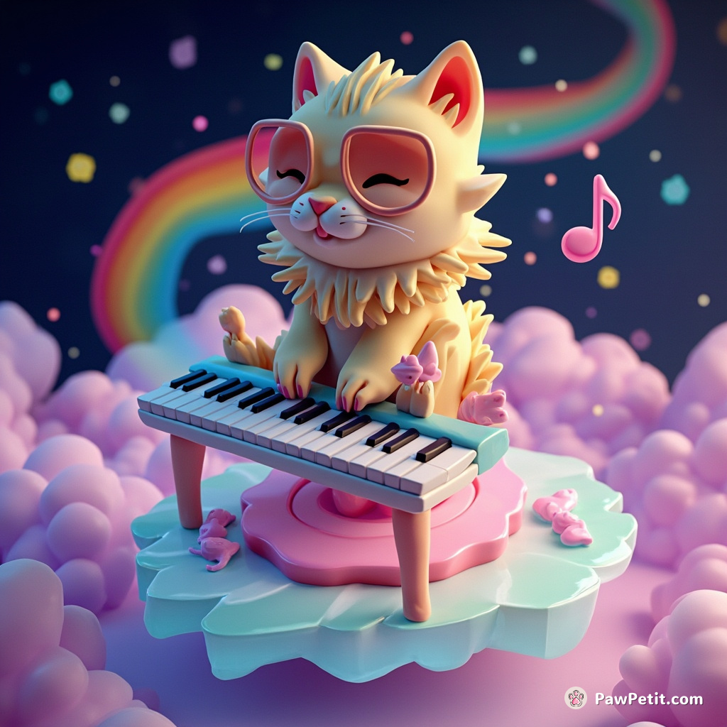 Cat composing a rainbow symphony on a crystal piano floating in space.