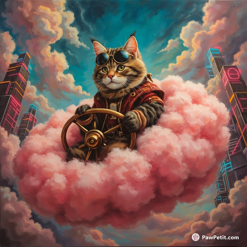 Steampunk cat pilot steering a candy-floss cloud through neon metropolis skies.