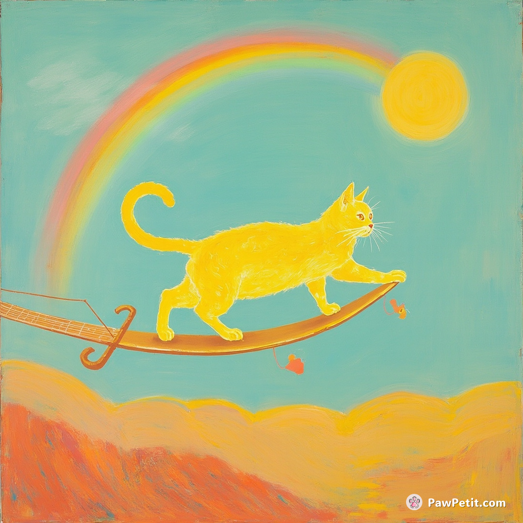 A fluorescent cat surfing on a golden guitar string under the pale luminescent rainbow in a Van Gogh inspired landscape.