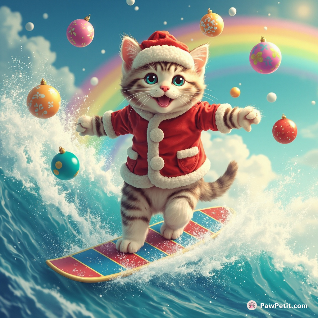 A tabby cat surfboarding on a rainbow wave while juggling Christmas ornaments.
