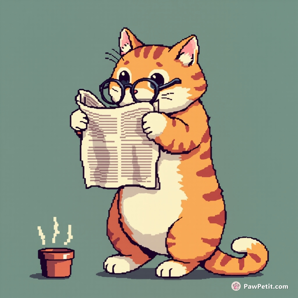 The cat stood on hind legs, adjusting imaginary spectacles with a paw, mimicking a human reading a newspaper.