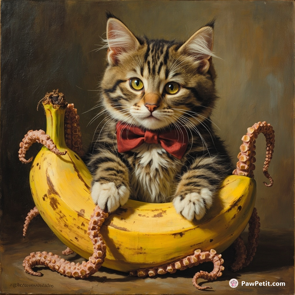 A cat tightening the bowtie of its aquatic steed that is a surprising blend, half-octopus half-overripe banana.