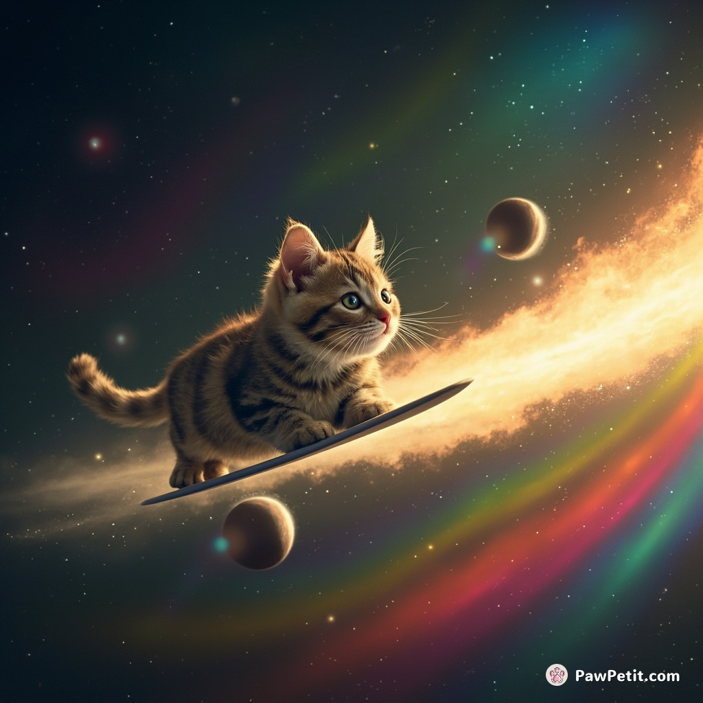 A cosmic cat surfing on a comet, leaving behind a rainbow stardust trail.