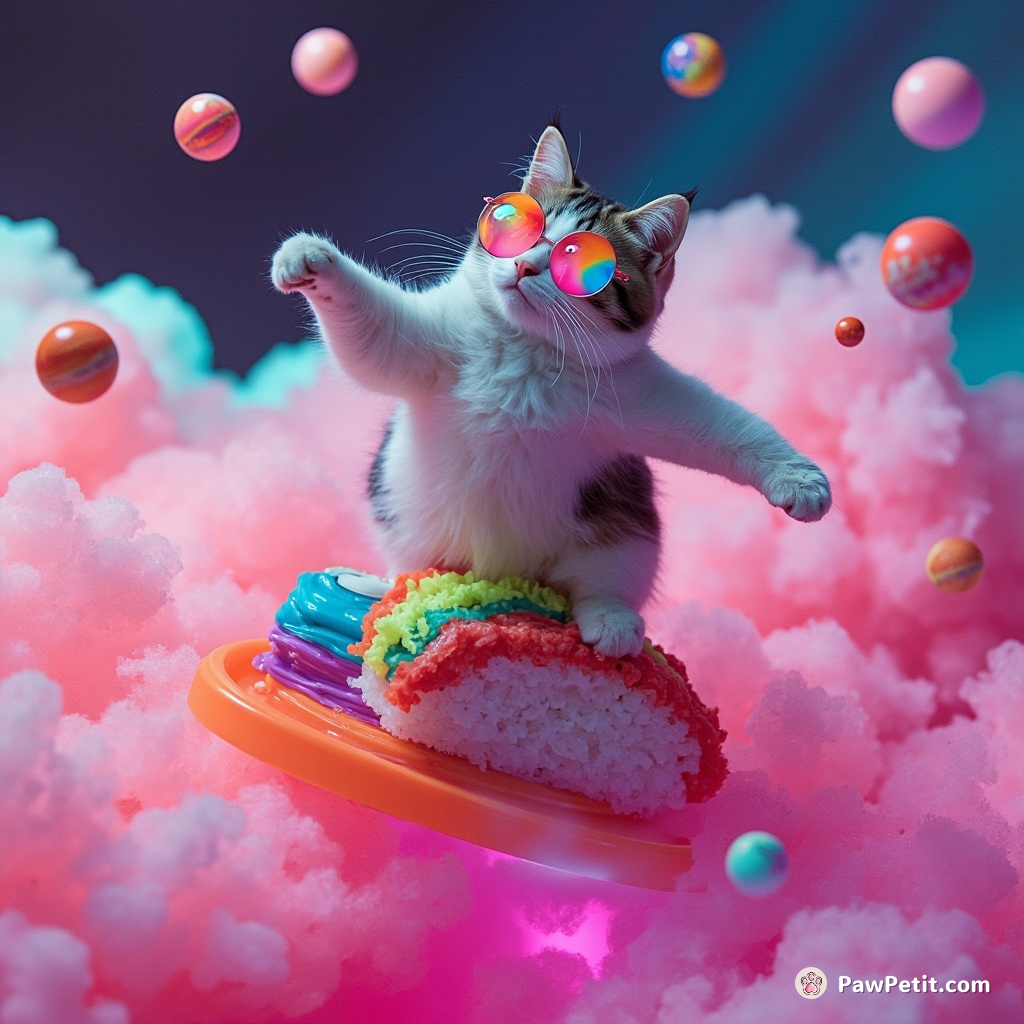 A three-eyed cat juggling miniature planets while surfing atop a gigantic rainbow sushi rolling throughan electric cotton-candy cloud.