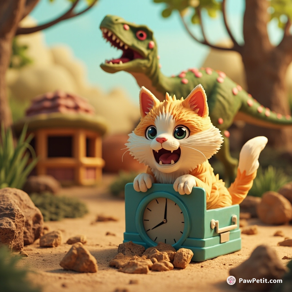 A cat using a time-traveling litter box to visit dinosaur era, frightened by the sight of a T-Rex while marking its territory.
