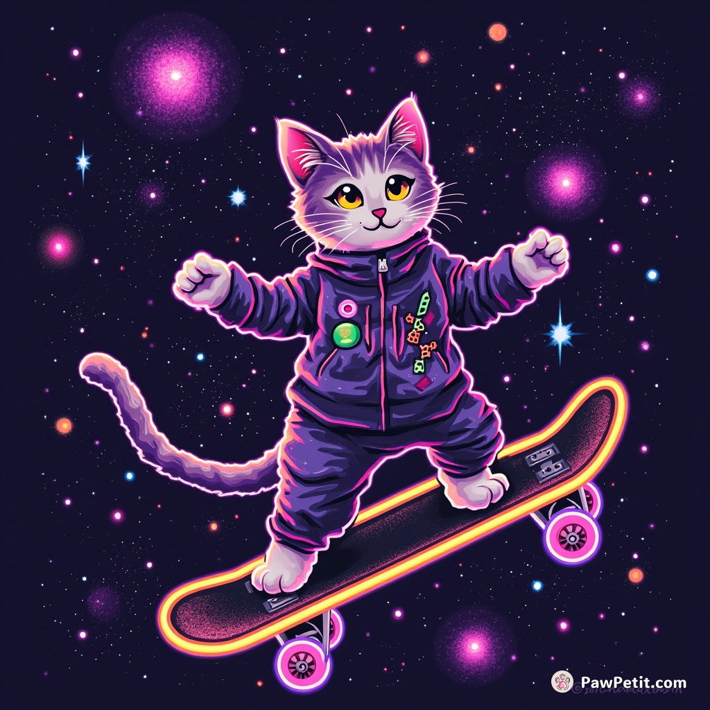 A cosmic cat juggling tiny shimmering galaxies while floating in outer space on a neon skateboard.