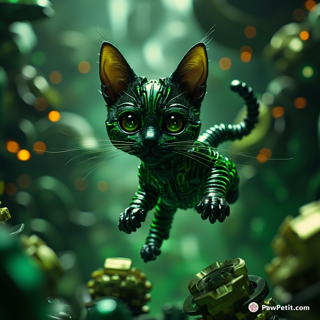 Matrix-cat's nimble leap triggered alien gears, morphing surreal mechanisms into cosmic feline whisker-soundscape.