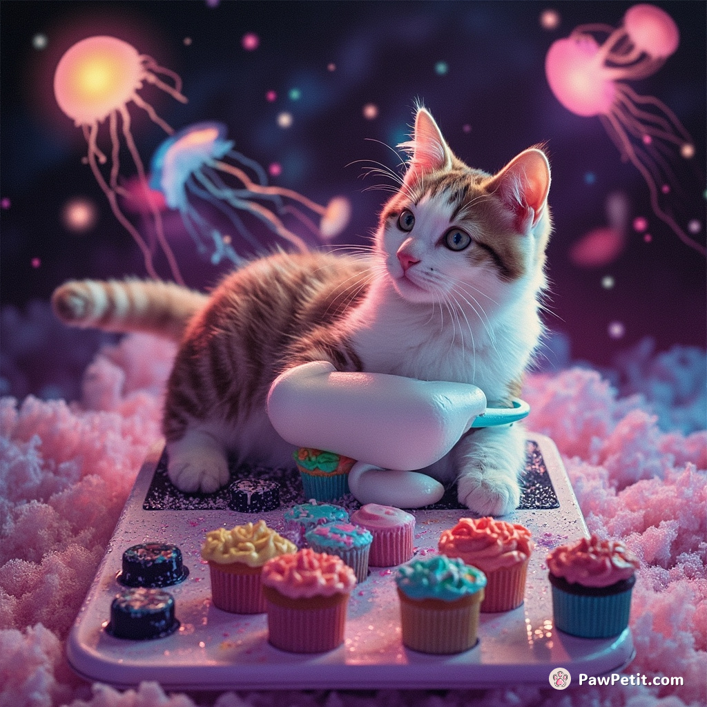 Cat baking cosmic cupcakes on a stardust oven within a jellyfish galaxy.