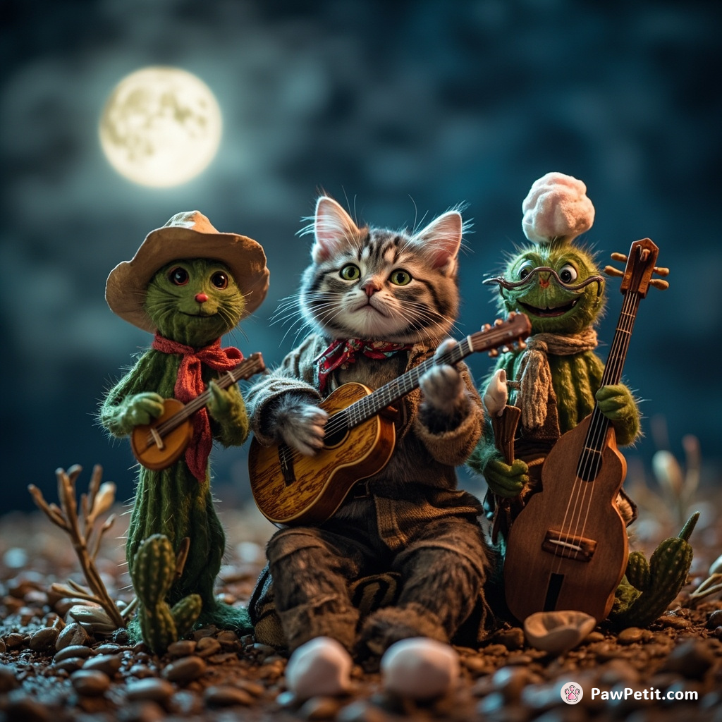 Cat hillbilly band performing bluegrass music on cacti instruments under a marshmallow moon.