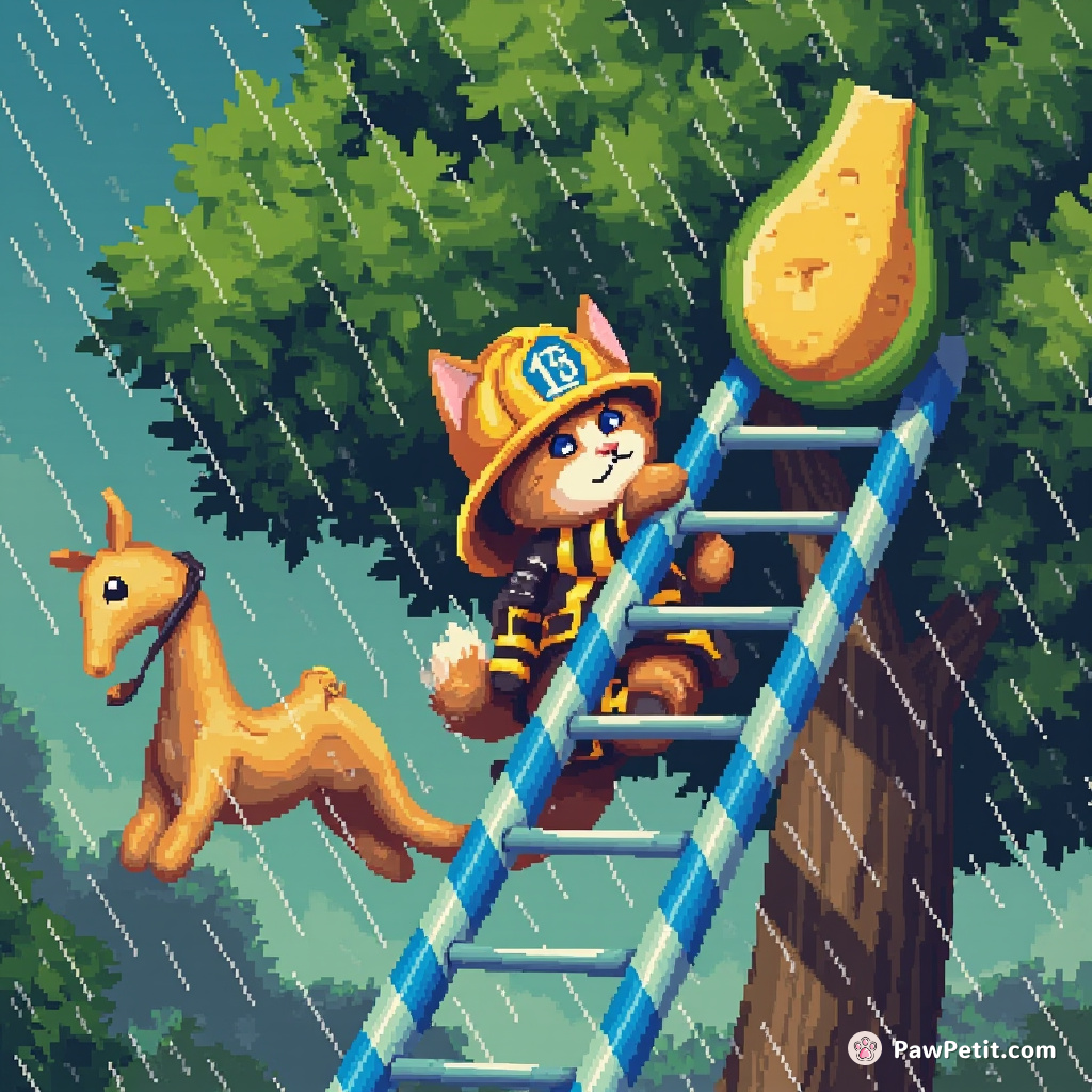 A heroic feline firefighter scaling a blue candy cane ladder to rescue a cheese wheel from an avocado tree during a banana rainstorm.