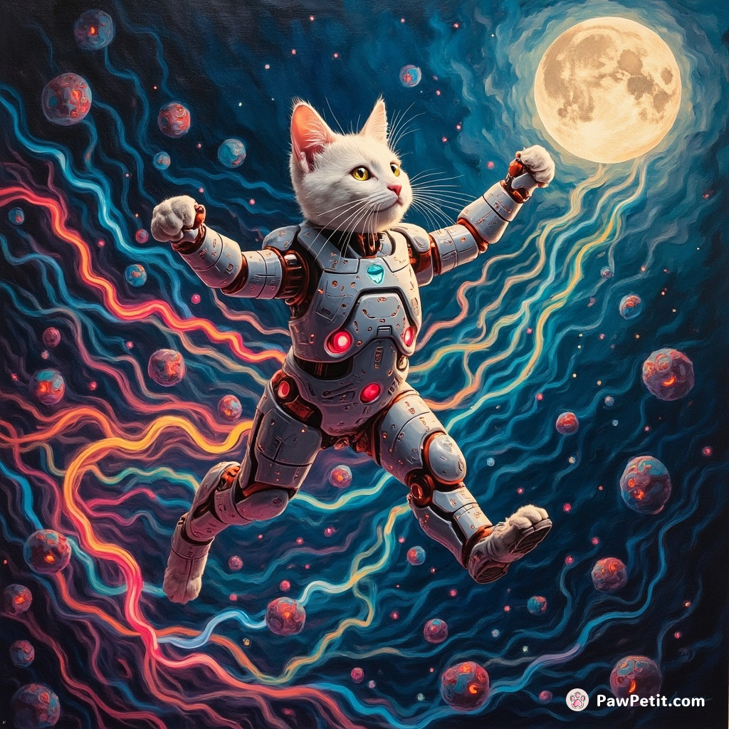 Robotic swarm parting, felinity unmoved: Cat permutes neon binary torrents synchronising with a moonlit cybernetic dance.