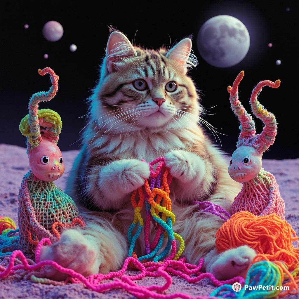 Giant calico cat teaching alien squids to knit rainbow yarn on the dark side of the moon.