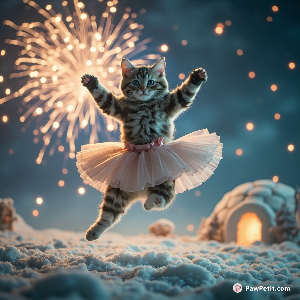 A graceful ballerina cat performing a leap in the midst of fireworks over an igloo village.