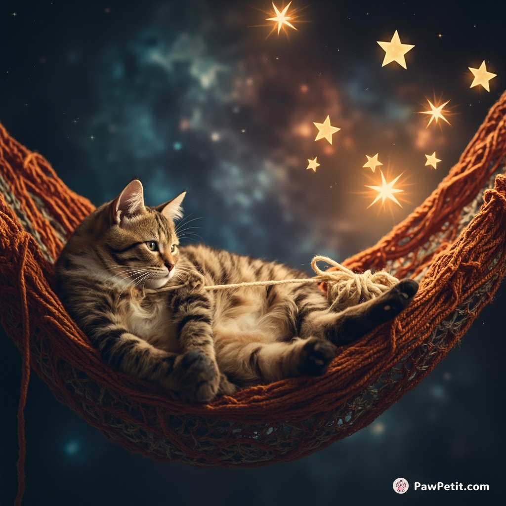 A cat lounging on a nebula hammock, knitting stars from cosmic yarn.