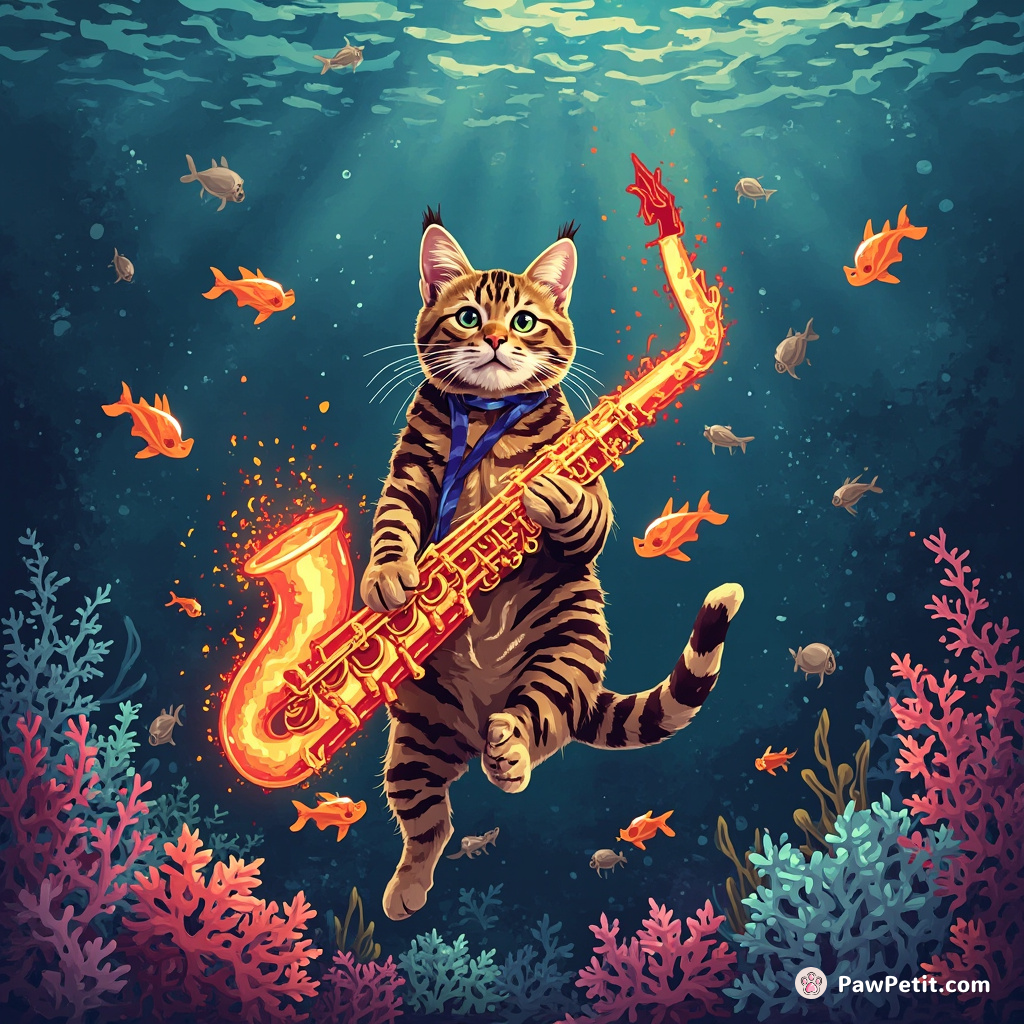 A tabby cat recording a jazz solo with a flaming saxophone underwater amidst colorful fishes.