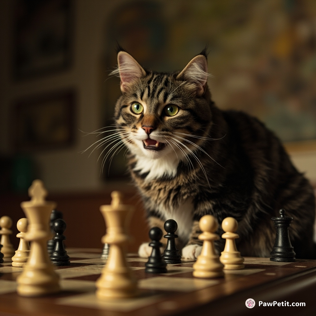 Gatsby, the cat, beats humans in chess tournaments, showcasing an uncanny strategic tail flick before every victorious move.