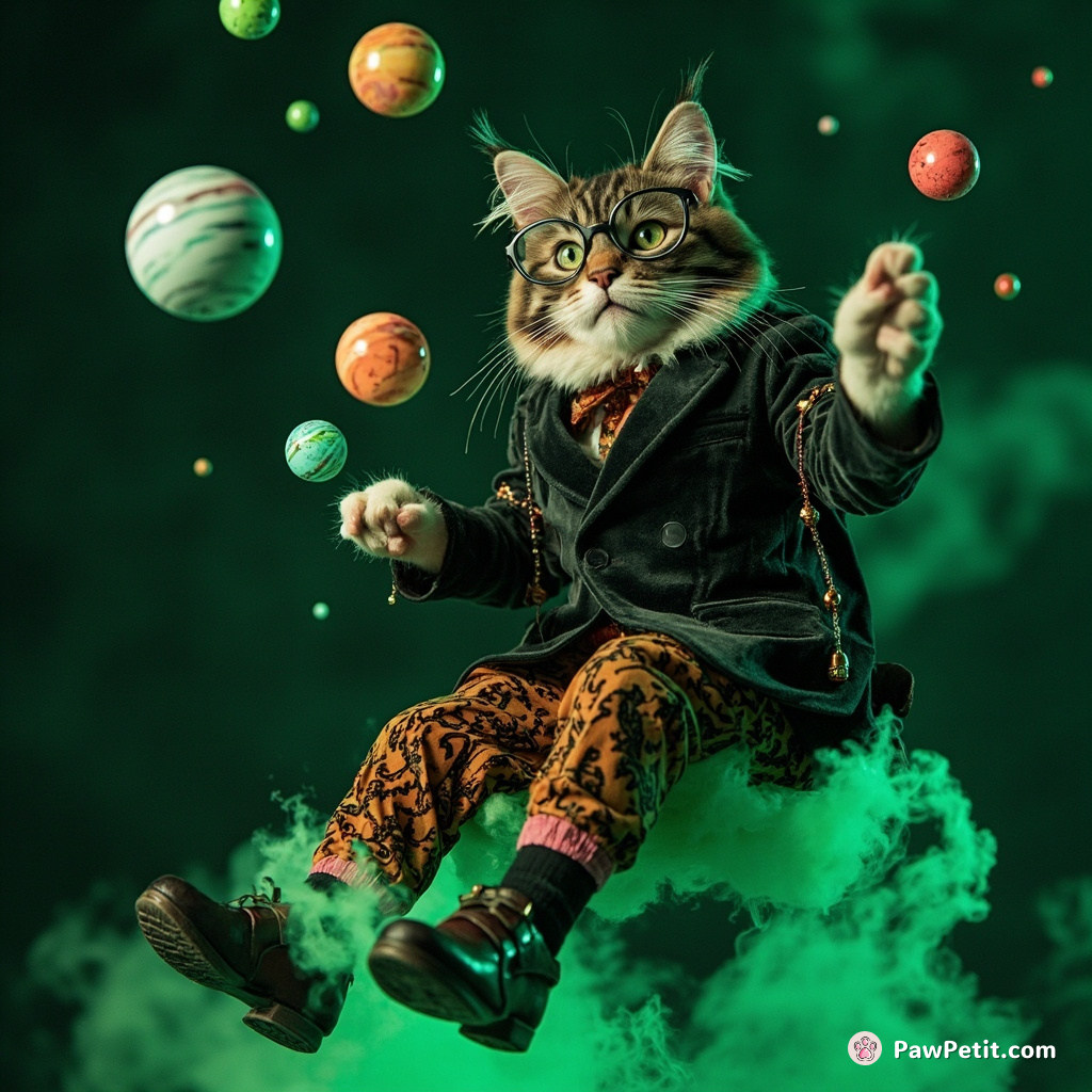 Cat juggling mini planets on a droplet of vintage absinthe in zero-gravity, wearing paisley velvet trousers and Victorian spectacles.
