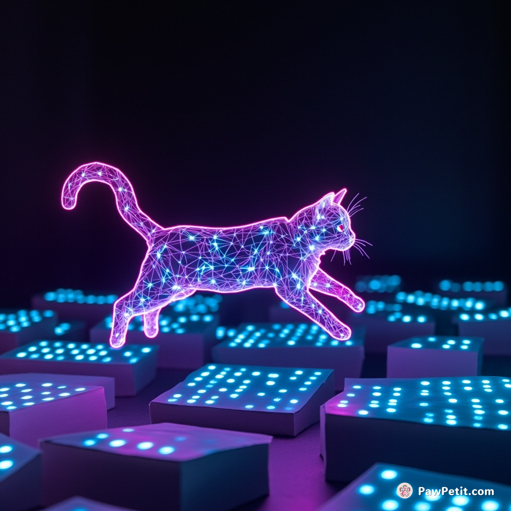 The digitized feline, with a flick of its pixelated tail, effortlessly leaps across floatings slabs of binary code.