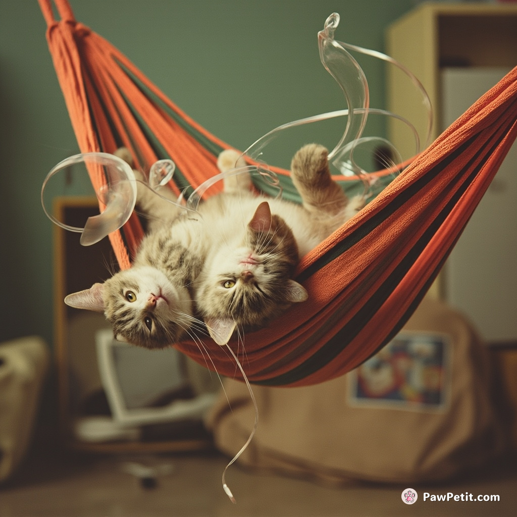 Belly-crawling cat, misinterpreted hammock use, sails off comically, entangled. Hammock acrobat achieves nothing but hilarious turmoil.