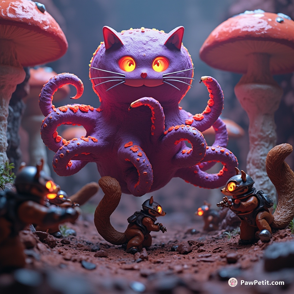 A giant neon-hued octopus cat battle-dancing against mech-armoured squirrels in a mushroom forest on Mars.