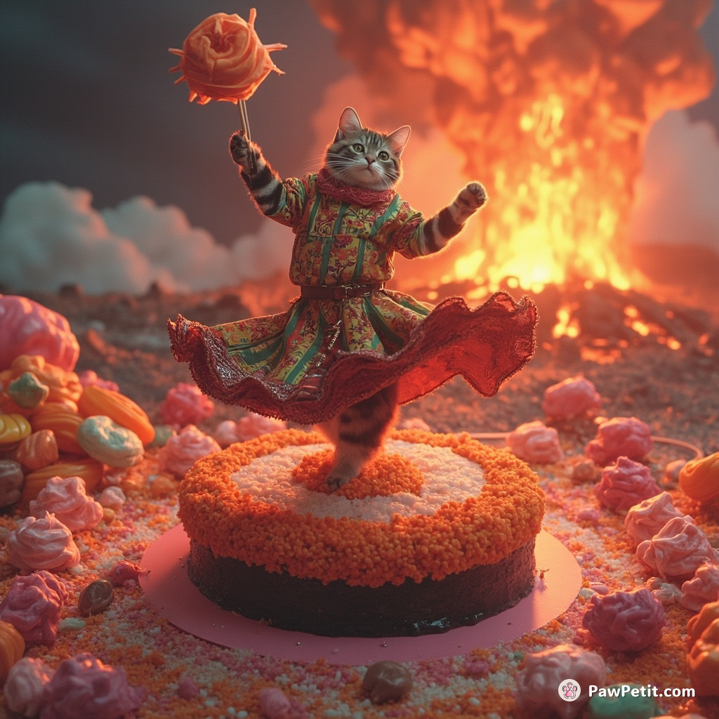 A cat dancing flamenco atop a colossal, slowly rotating sushi roll in the midst of an erupting candy volcano.