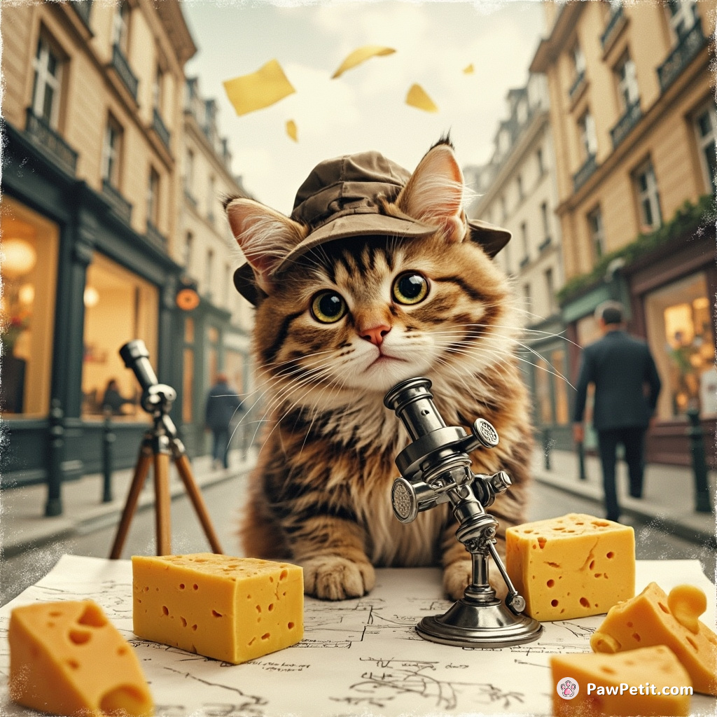A stylish detective cat analyzing a crime scene in Paris, using microscopes made of cheese.
