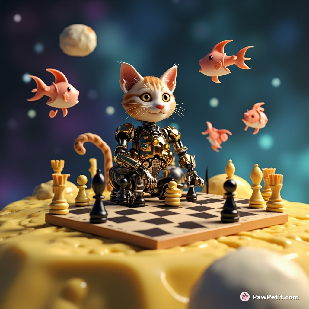 A cyborg cat playing intergalactic chess with floating space fish on a moon made of swiss cheese.