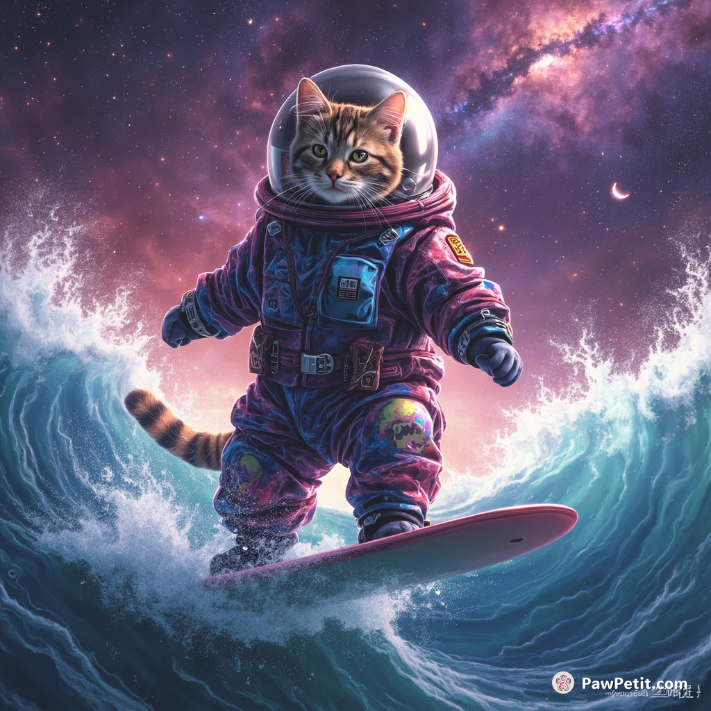 A galaxy-spacesuit-clad cat surfing radioactive waves in a cosmic nebula.